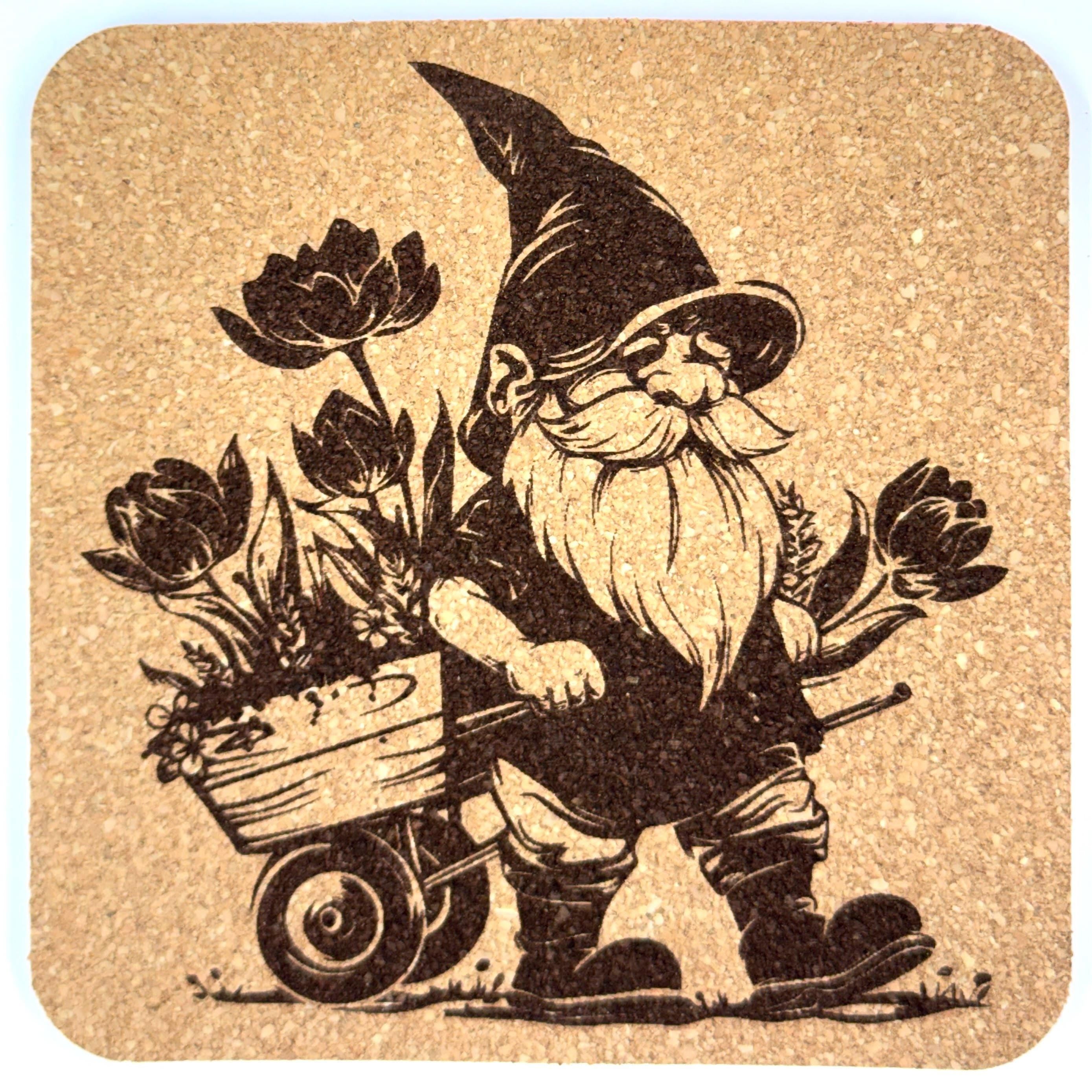 Cheerful Garden Gnome with Flower Cart – Whimsical Cork Coaster