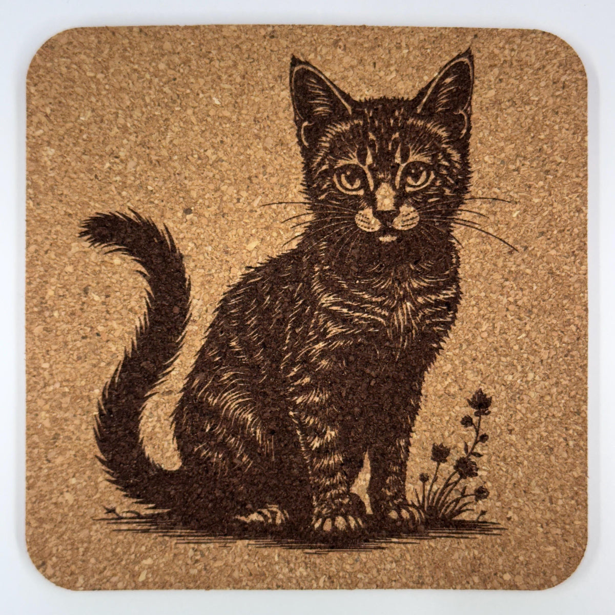 Sitting Tabby Cat – Classic Engraved Cork Coaster