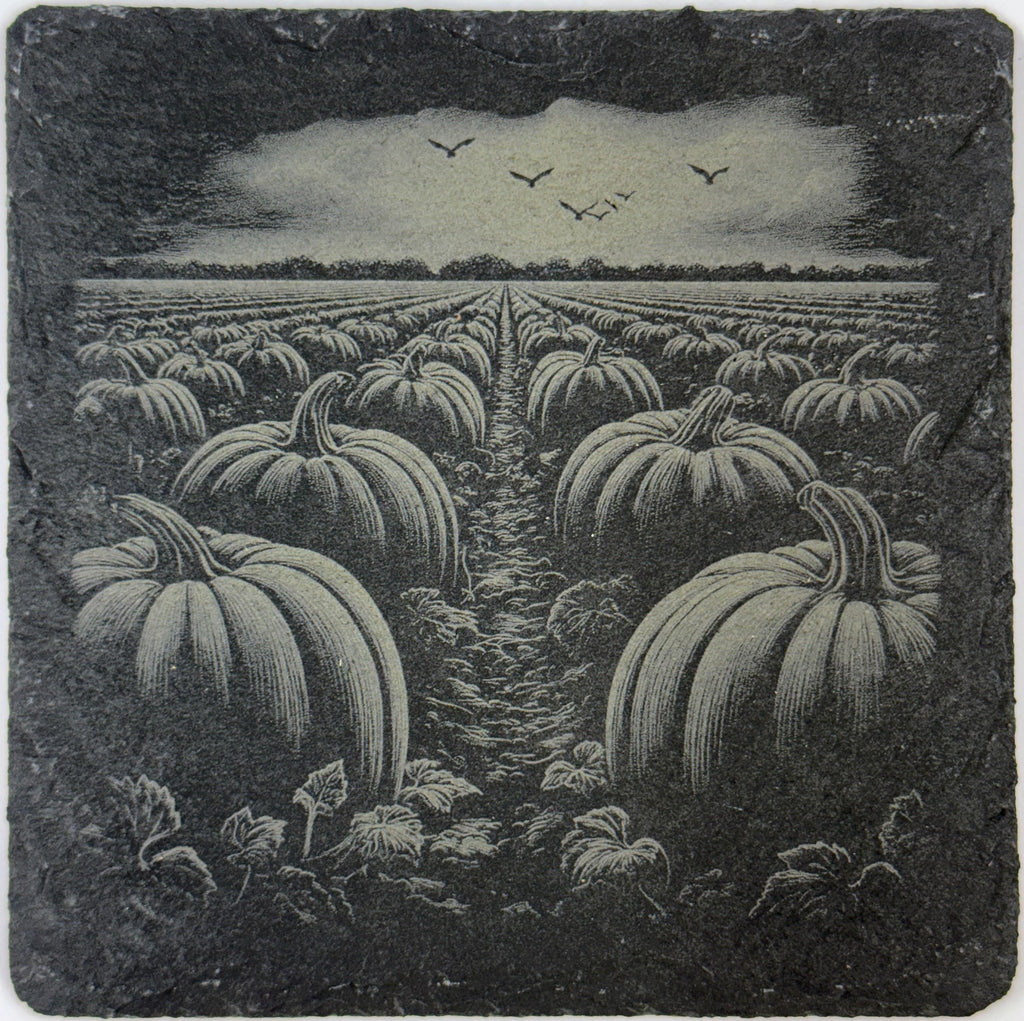 Pumpkin Patch Slate Coaster – Autumn Farm Field Engraved Stone