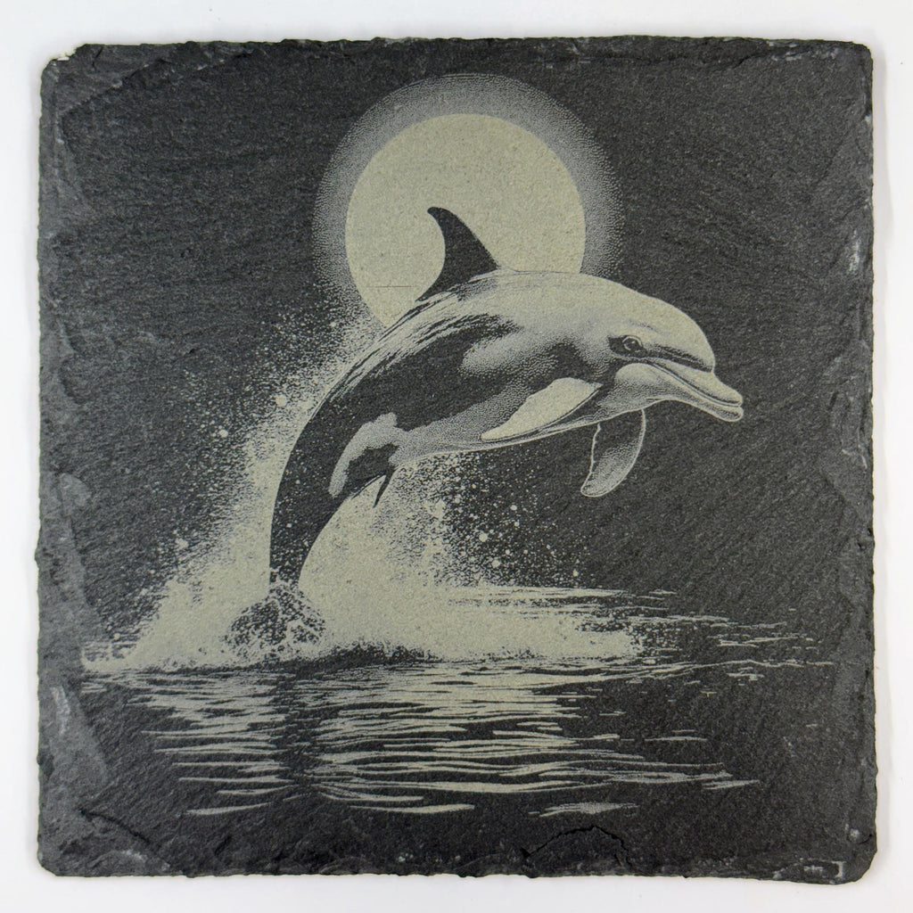 Dolphin Leaping Under the Moon – Engraved Slate Coaster