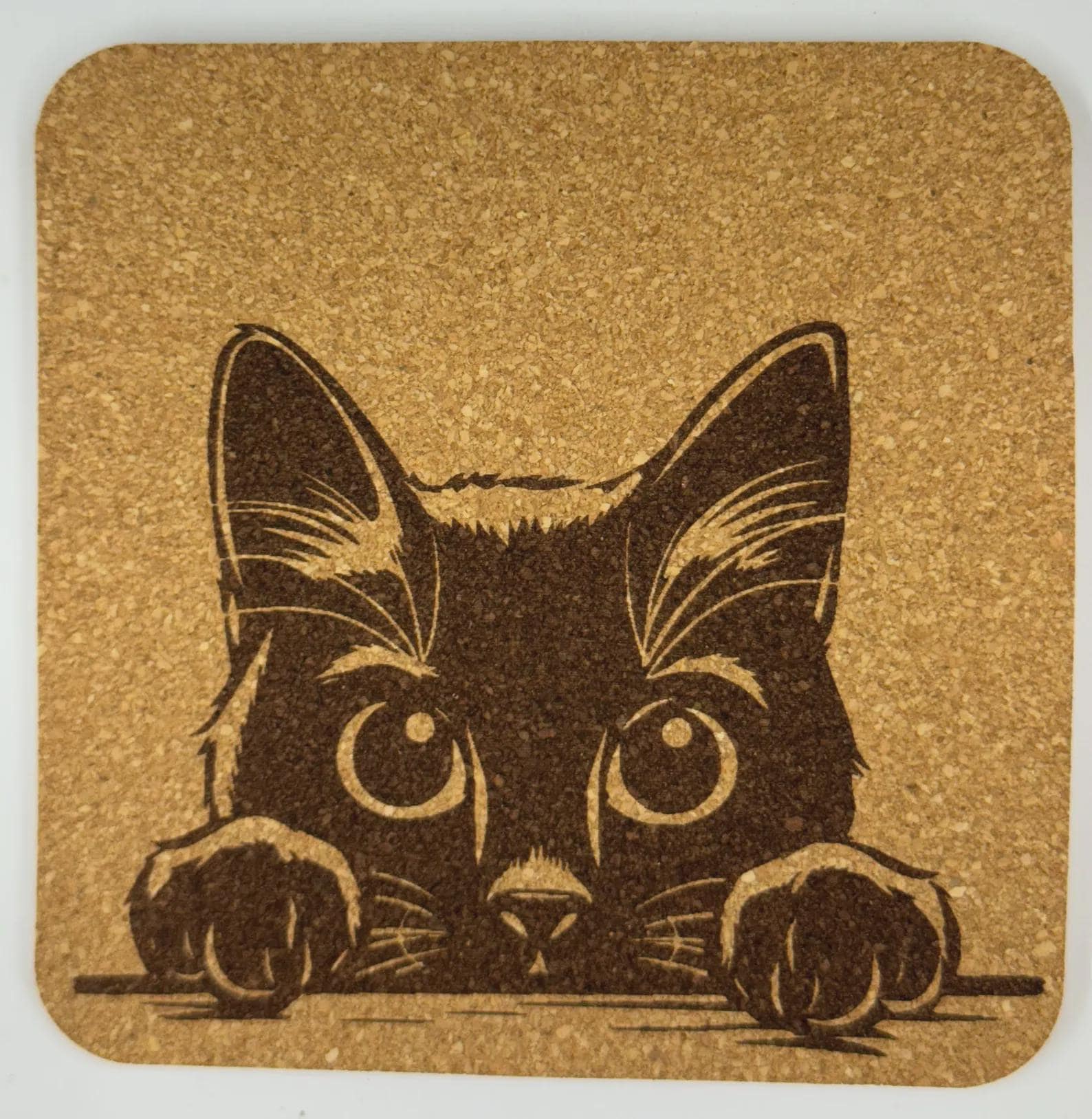 Curious Black Cat Cork Coaster – Playful Peeking Kitten Art