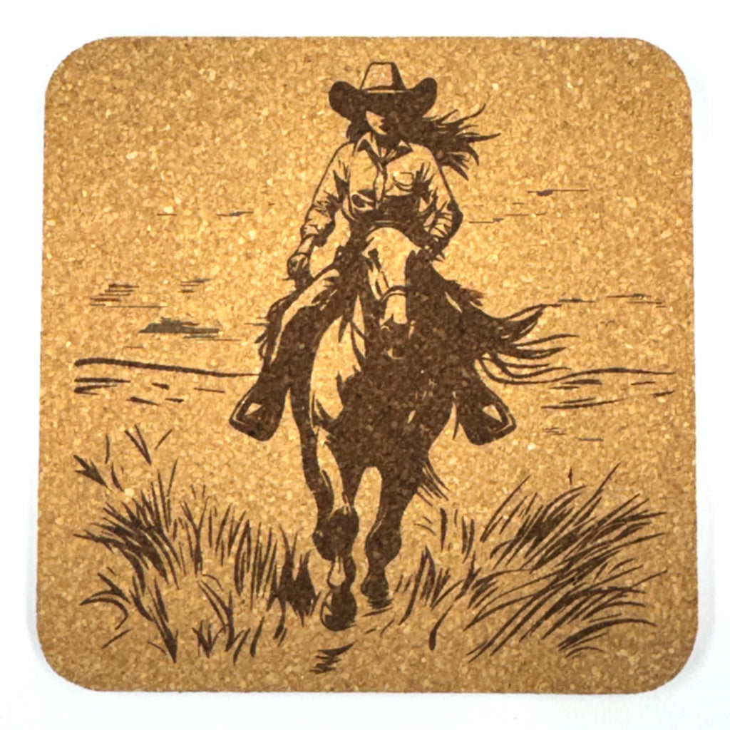 Cowgirl Prairie Ride Cork Coaster – Western Rustic Horse Country Decor