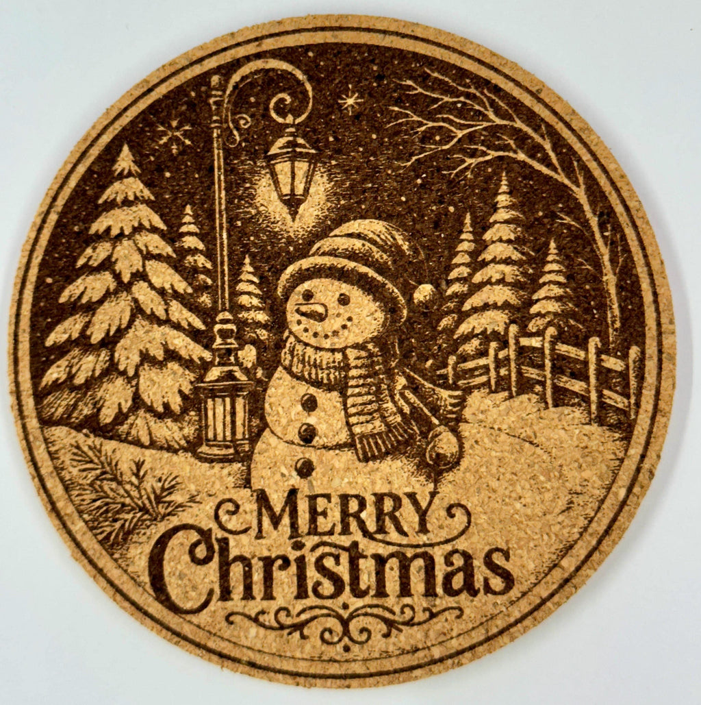 Snowman Christmas Cork Coaster – Cozy Winter Night Holiday Decor