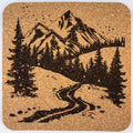 Mountain Valley Coaster – Engraved Cork Coaster with River and Alpine Peaks
