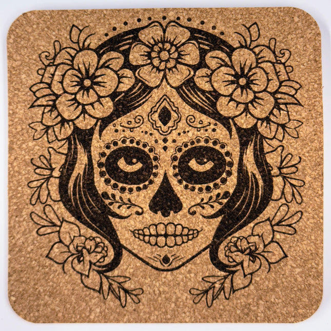 Floral Sugar Skull Cork Coaster – Day of the Dead Design