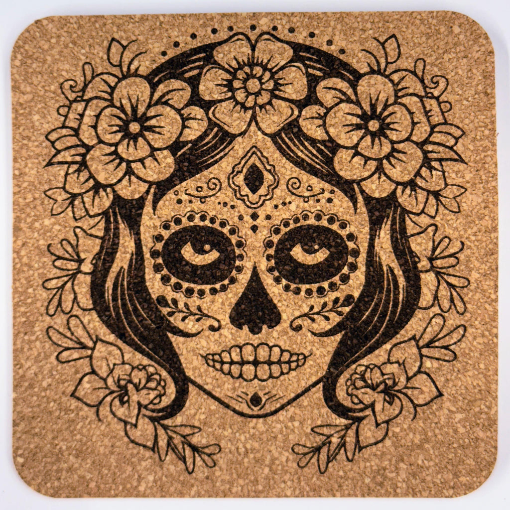 Floral Sugar Skull Cork Coaster – Day of the Dead Design