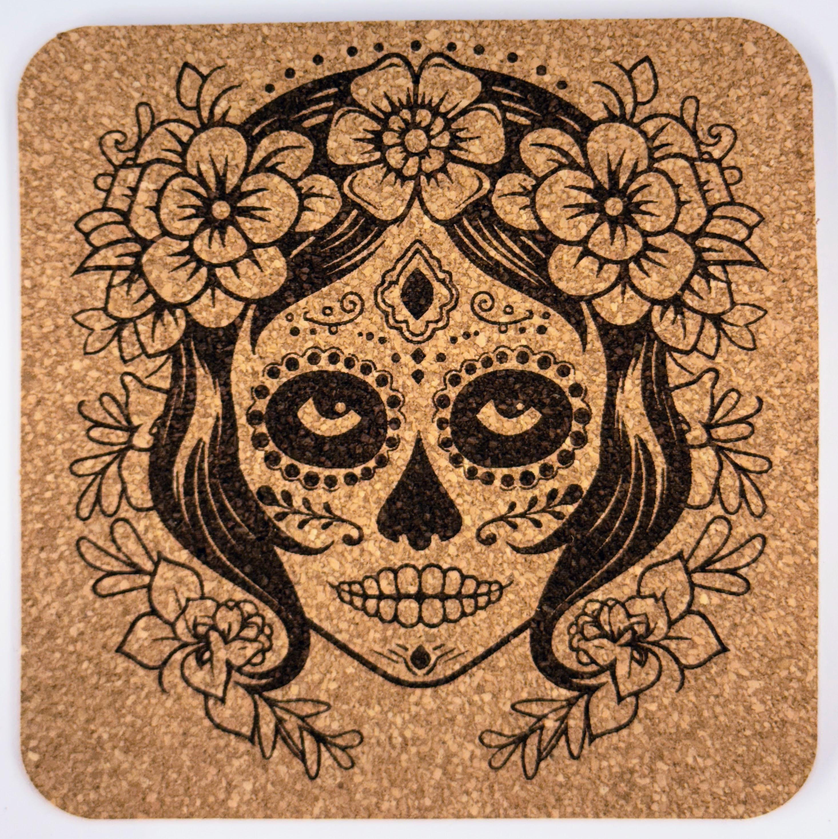 Floral Sugar Skull Cork Coaster – Day of the Dead Design