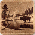 Yellowstone Bison Geyser Cork Coaster – Rustic National Park Wildlife Art