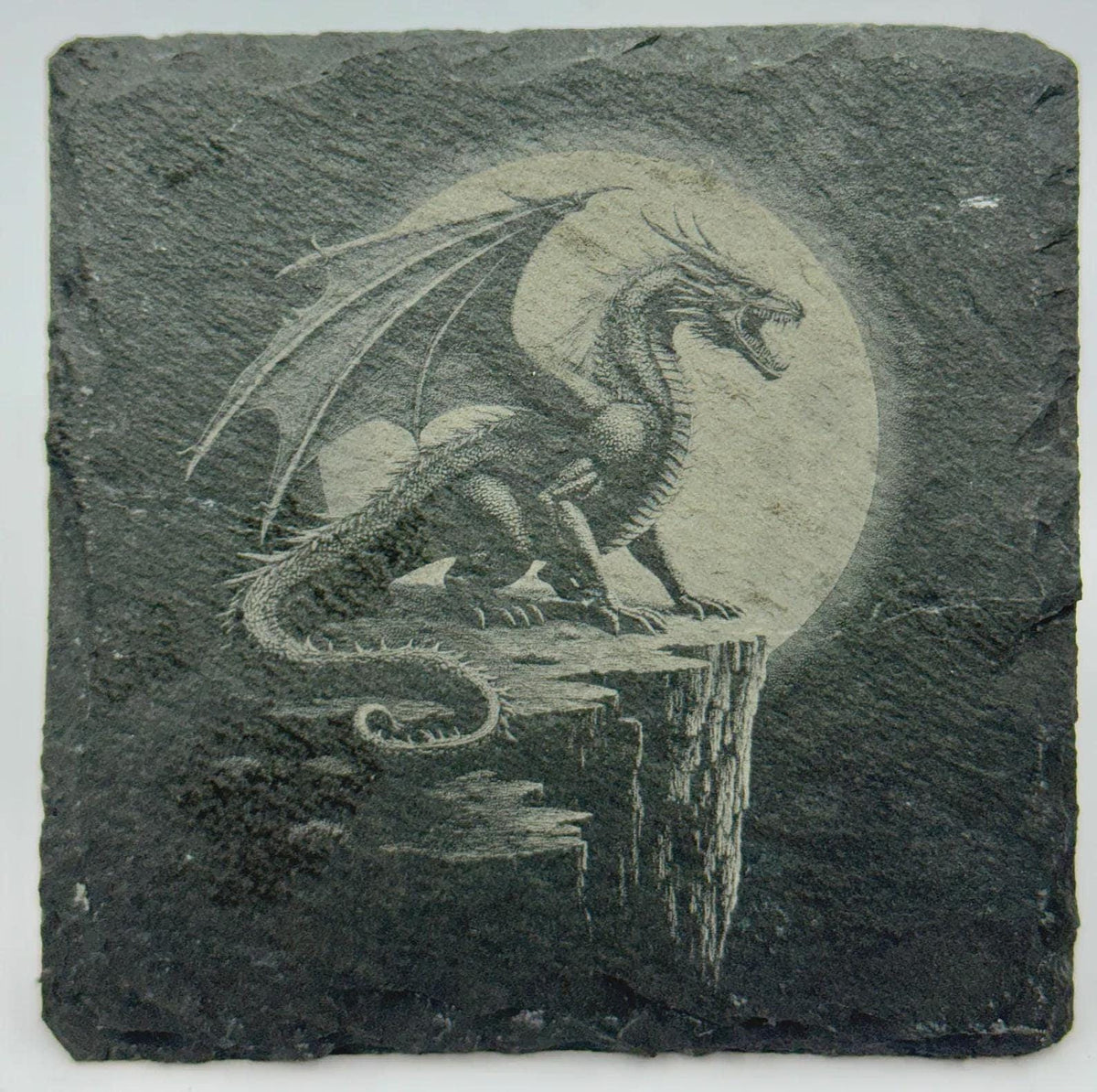 Cliffside Dragon Under Full Moon Slate Coaster – Fantasy Dragon Art
