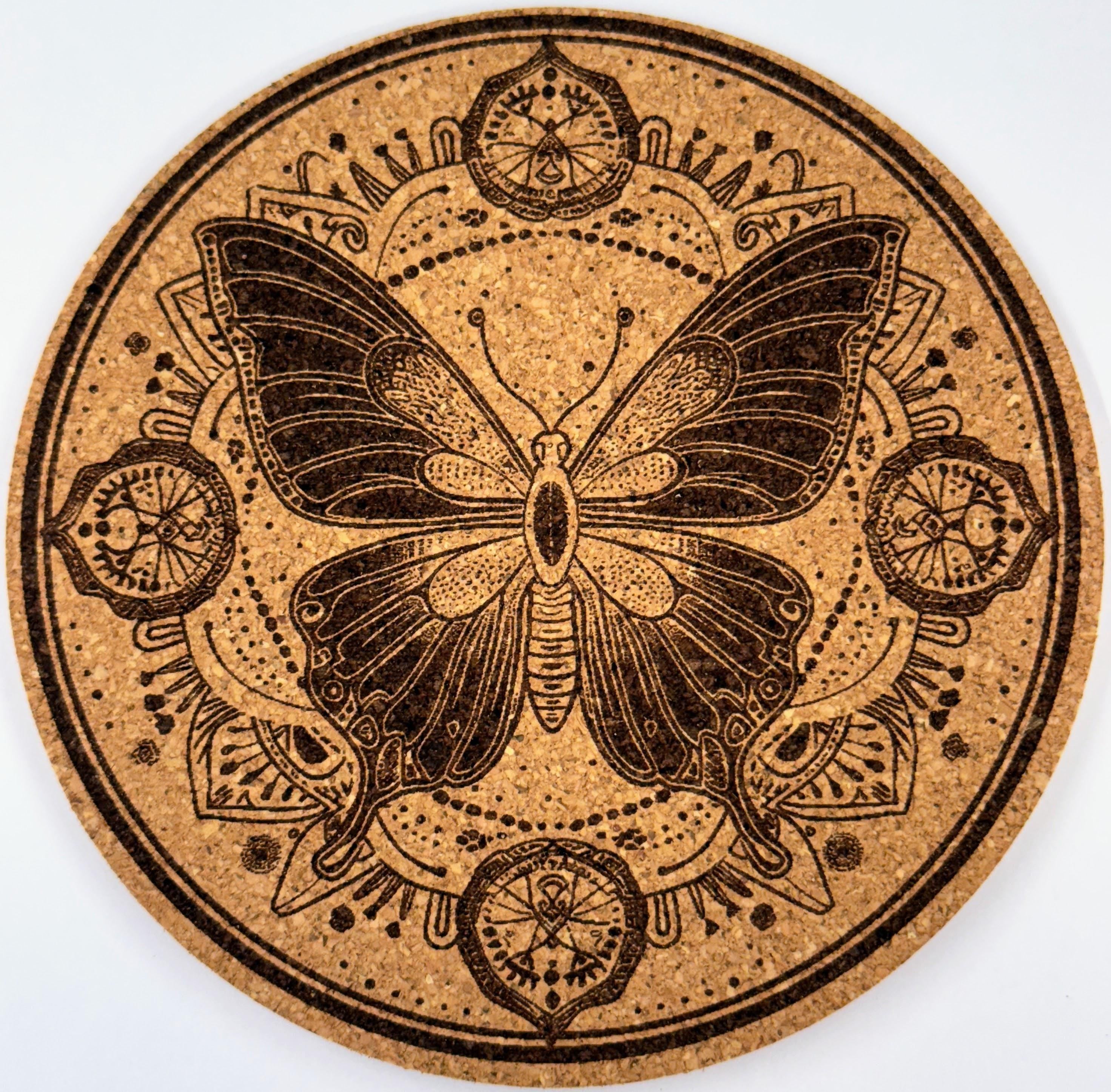 Celestial Butterfly Mandala – Mystical Cork Coaster