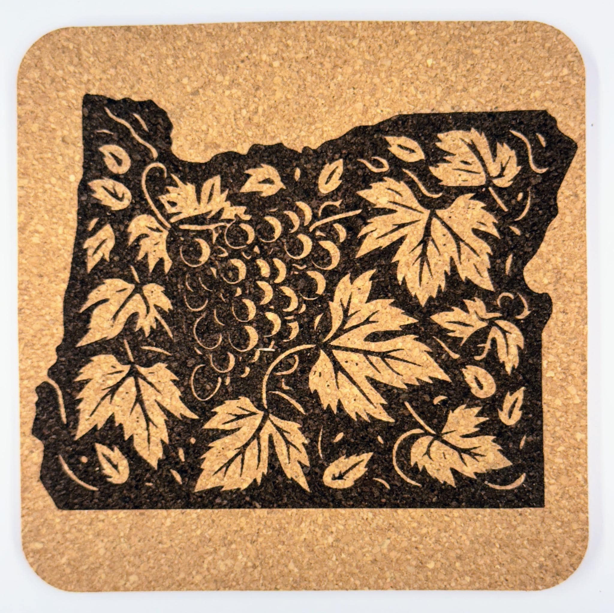 Oregon Wine Coaster – Engraved Cork Drink Coaster with Grape & Vine State Design