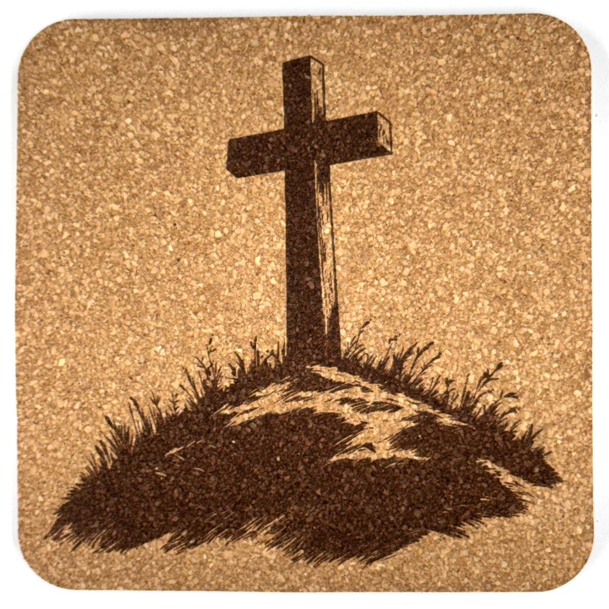 Minimal Hilltop Cross Laser Engraved Cork Coaster