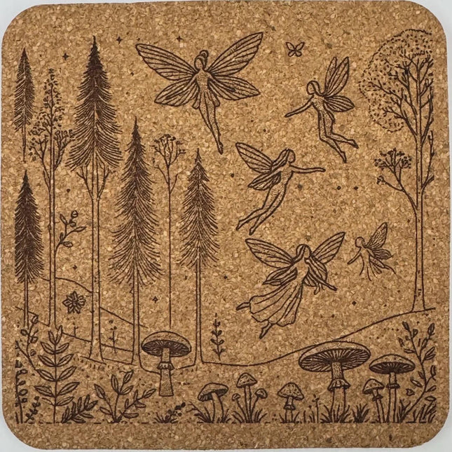Woodland Pixies in Pine Forest Coaster – Fairy Silhouette Cork Coaster