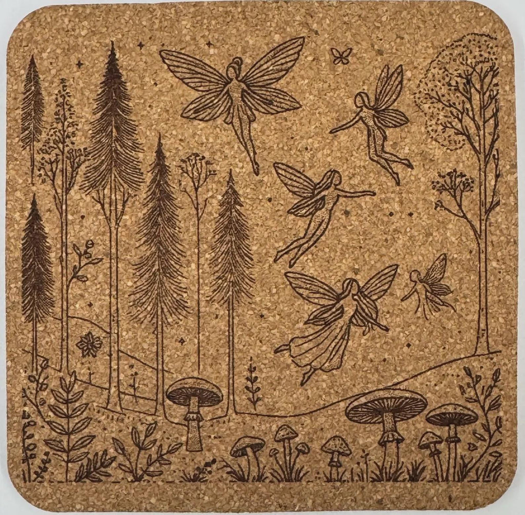Woodland Pixies in Pine Forest Coaster – Fairy Silhouette Cork Coaster