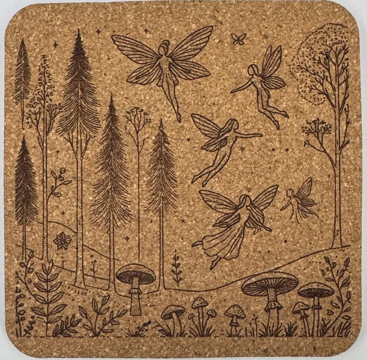 Woodland Pixies in Pine Forest Coaster – Fairy Silhouette Cork Coaster