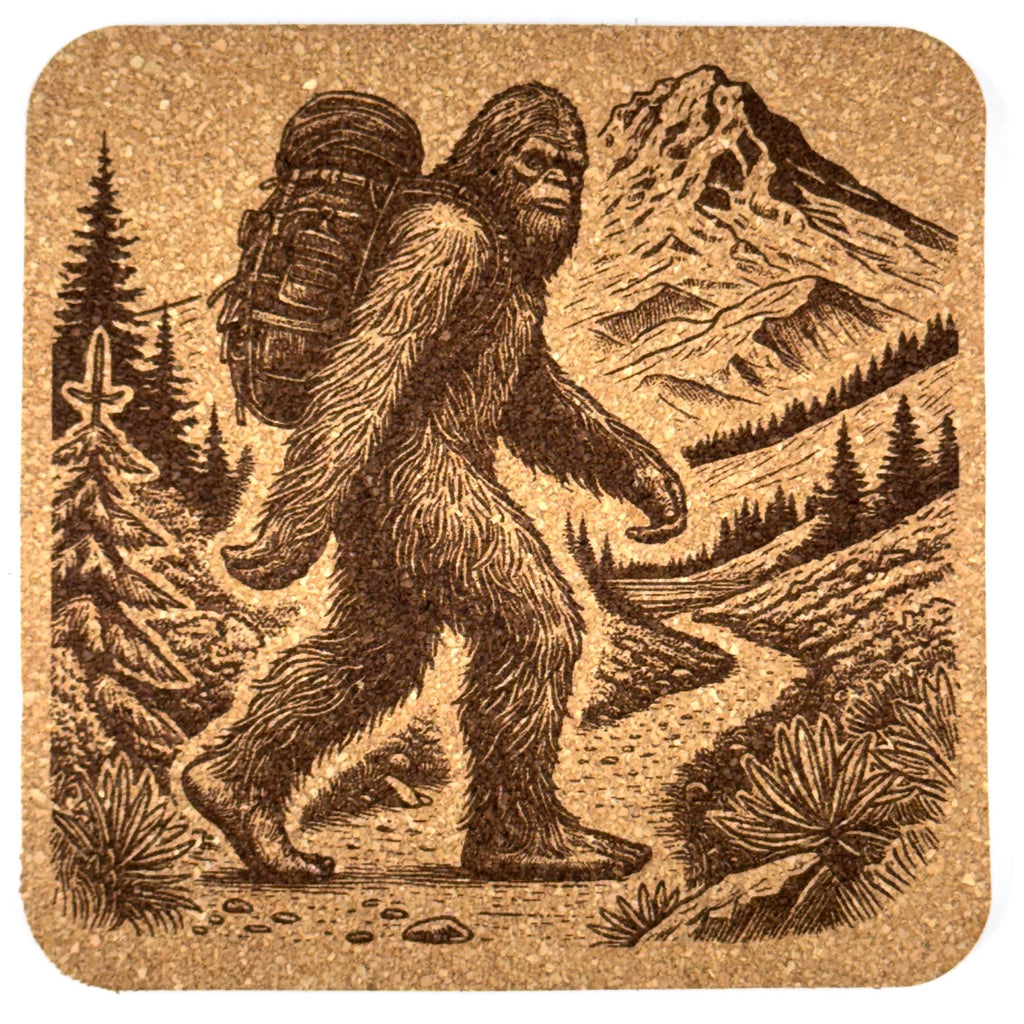 Bigfoot Mountain Hike Scene – Pacific Northwest Forest Cork Coaster