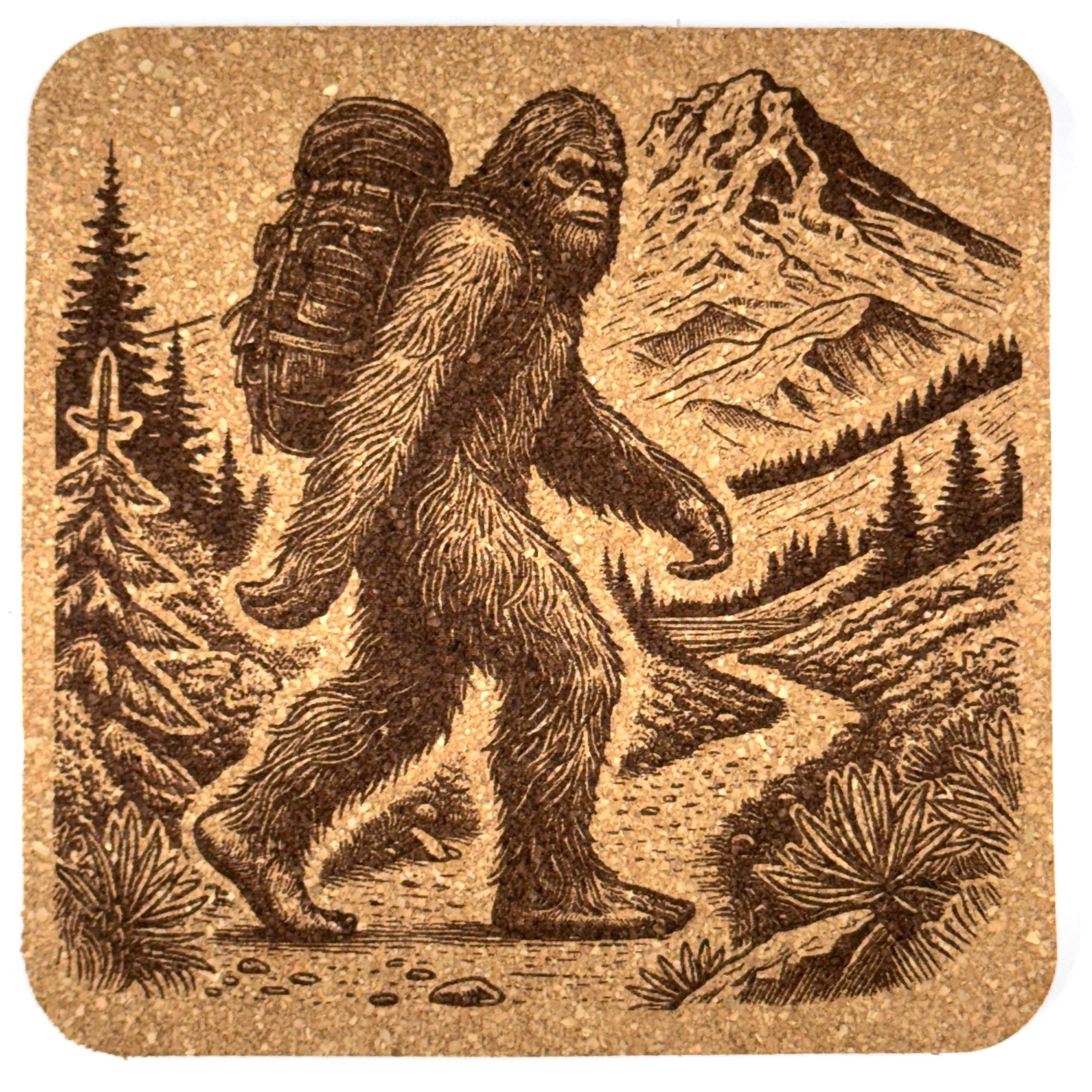 Bigfoot Mountain Hike Scene – Pacific Northwest Forest Cork Coaster