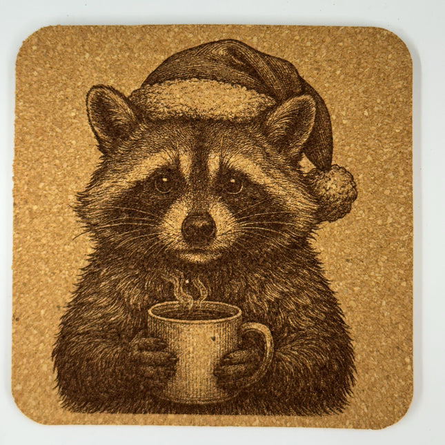 Cozy Raccoon with Hot Drink – Holiday Cork Coaster