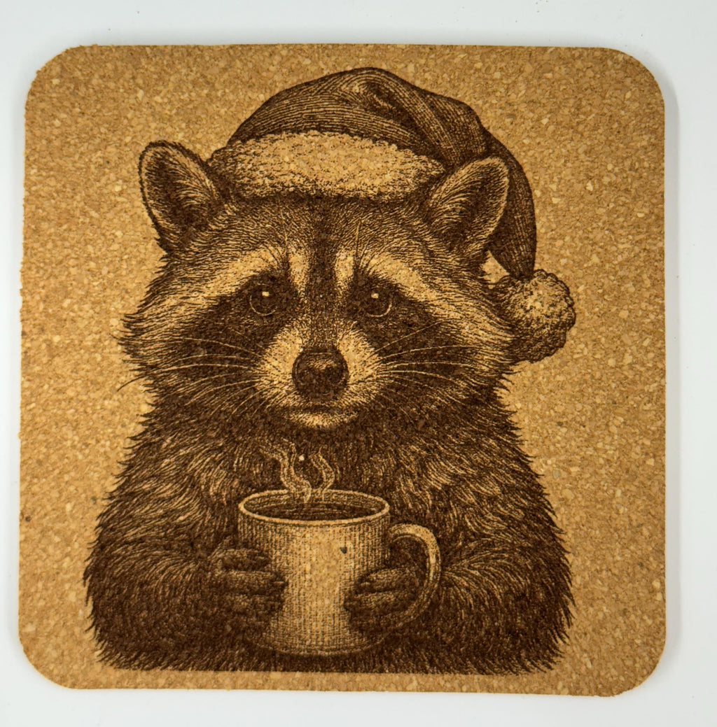 Cozy Raccoon with Hot Drink – Holiday Cork Coaster