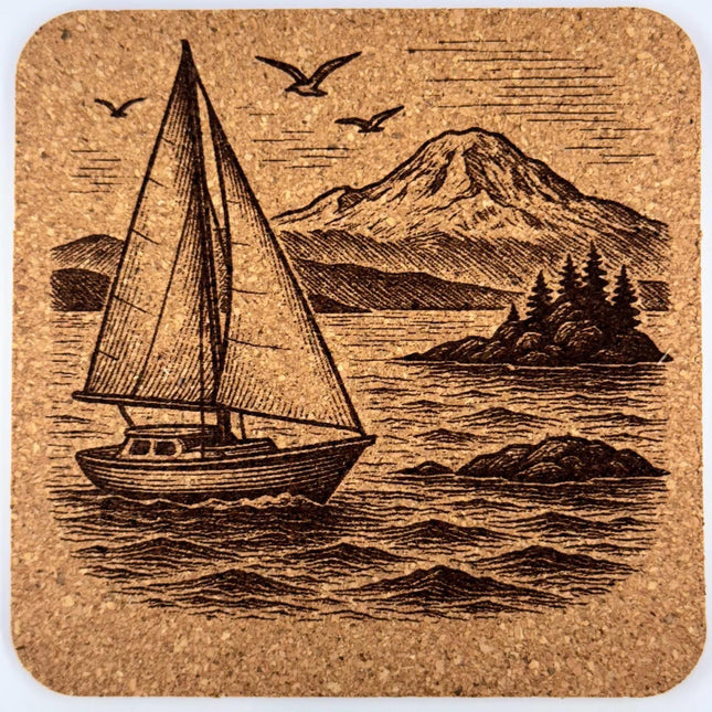 San Juan Sailboat Coaster – Engraved Cork Drink Coaster with Island & Mountain Scene