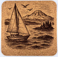 San Juan Sailboat Coaster – Engraved Cork Drink Coaster with Island & Mountain Scene