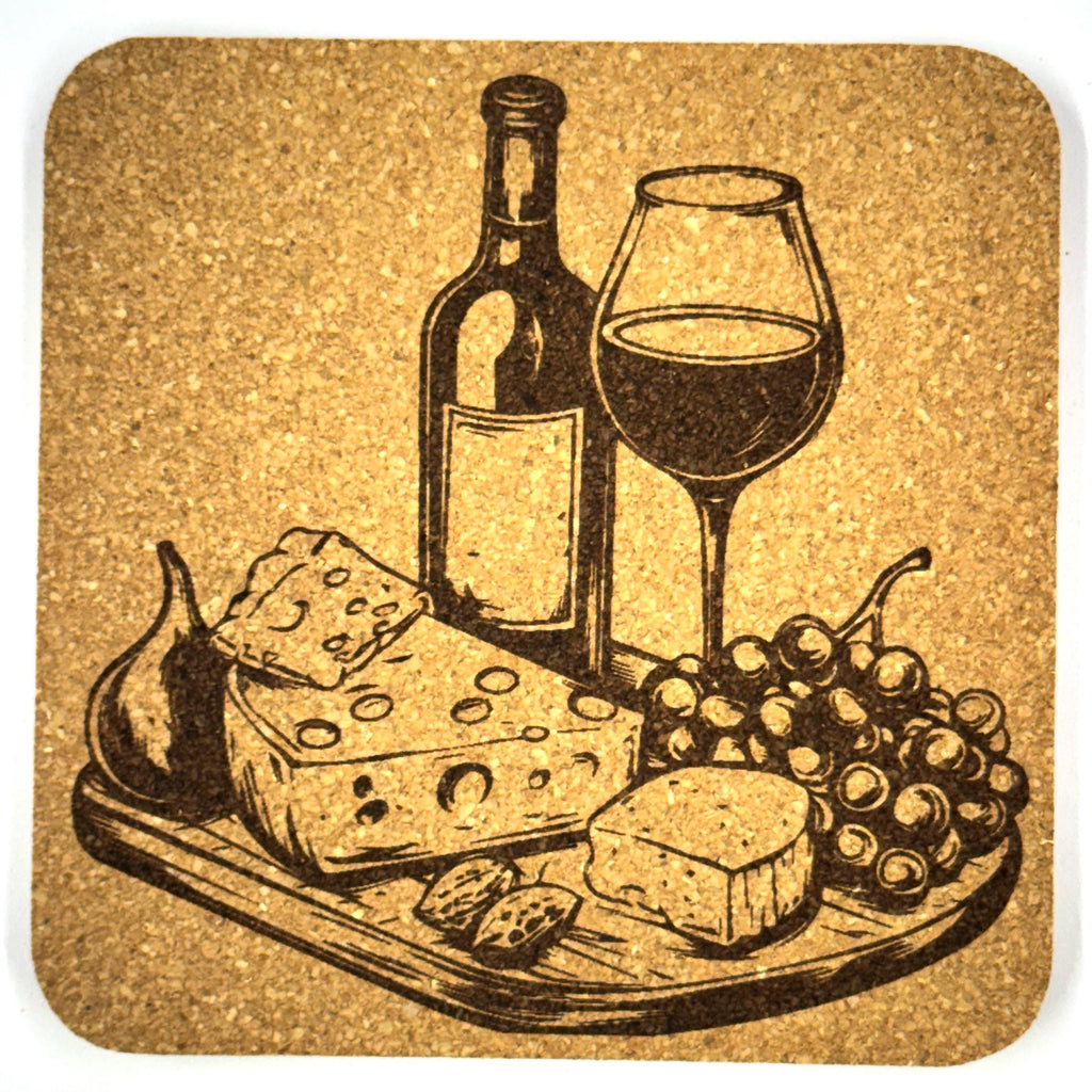Wine Glass & Cheese Board Cork Coaster – Rustic Vineyard Kitchen Decor