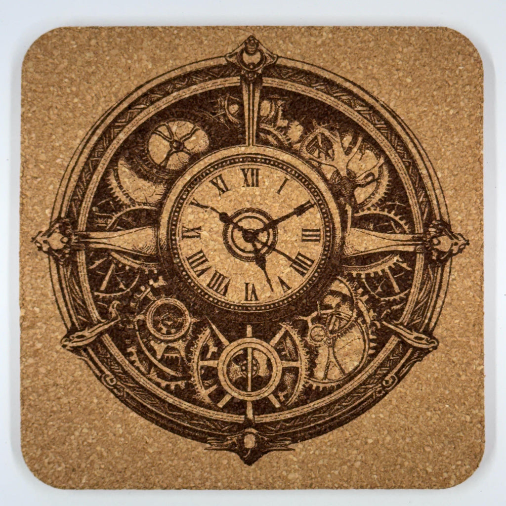 Steampunk Compass Clock Cork Coaster – Mechanical Timepiece Art