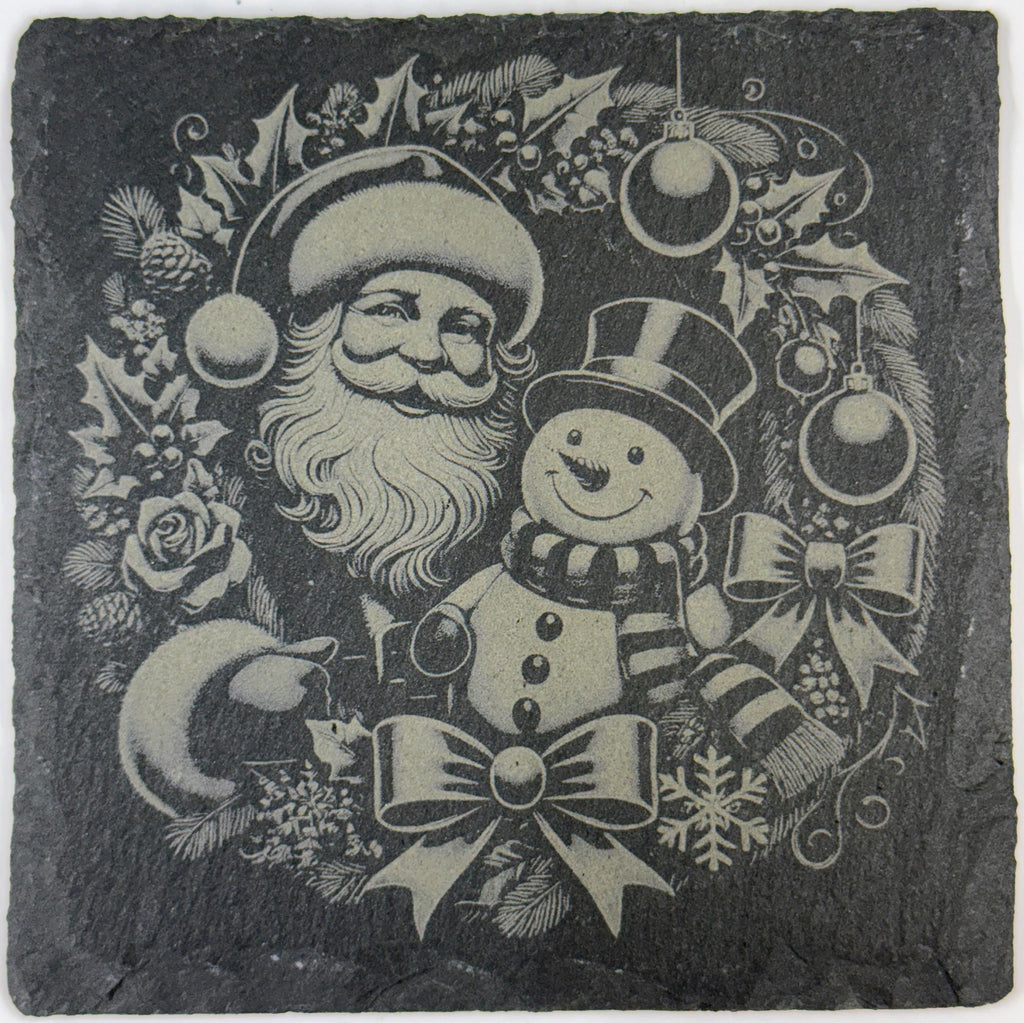 Santa and Snowman Wreath Slate Coaster – Classic Holiday Christmas Art