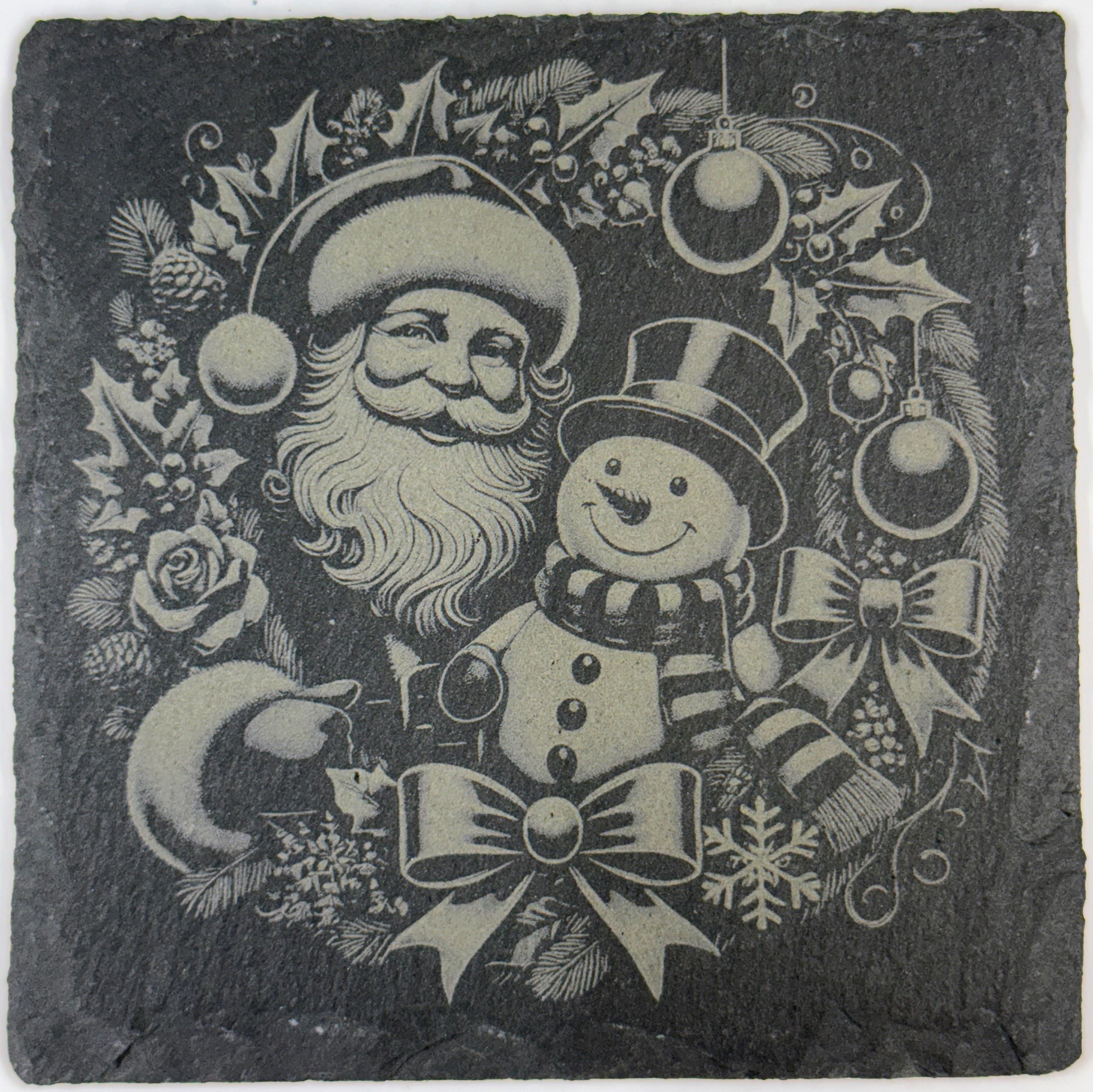 Santa and Snowman Wreath Slate Coaster – Classic Holiday Christmas Art