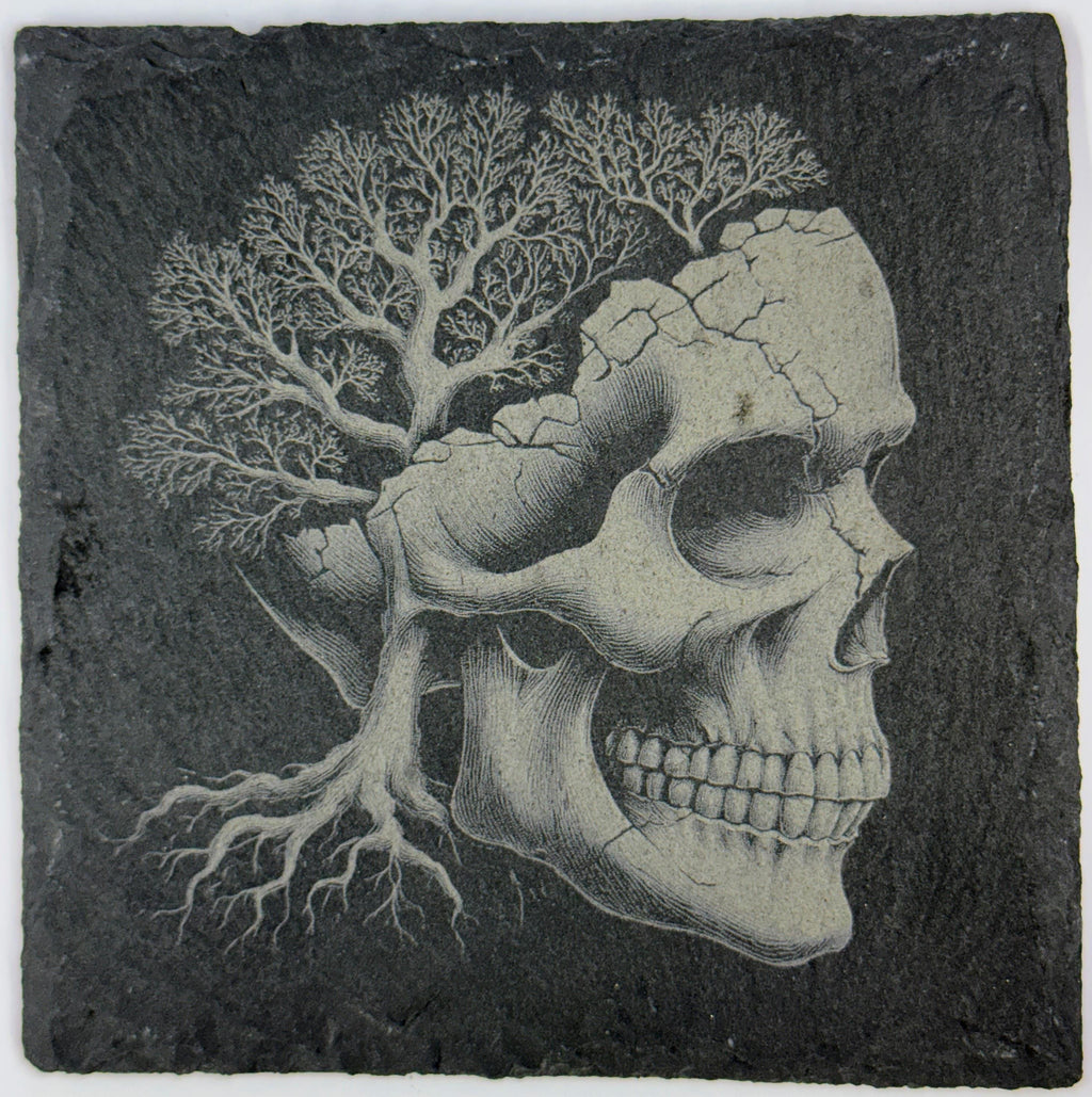 Tree Root Skull Slate Coaster – Gothic Nature Art