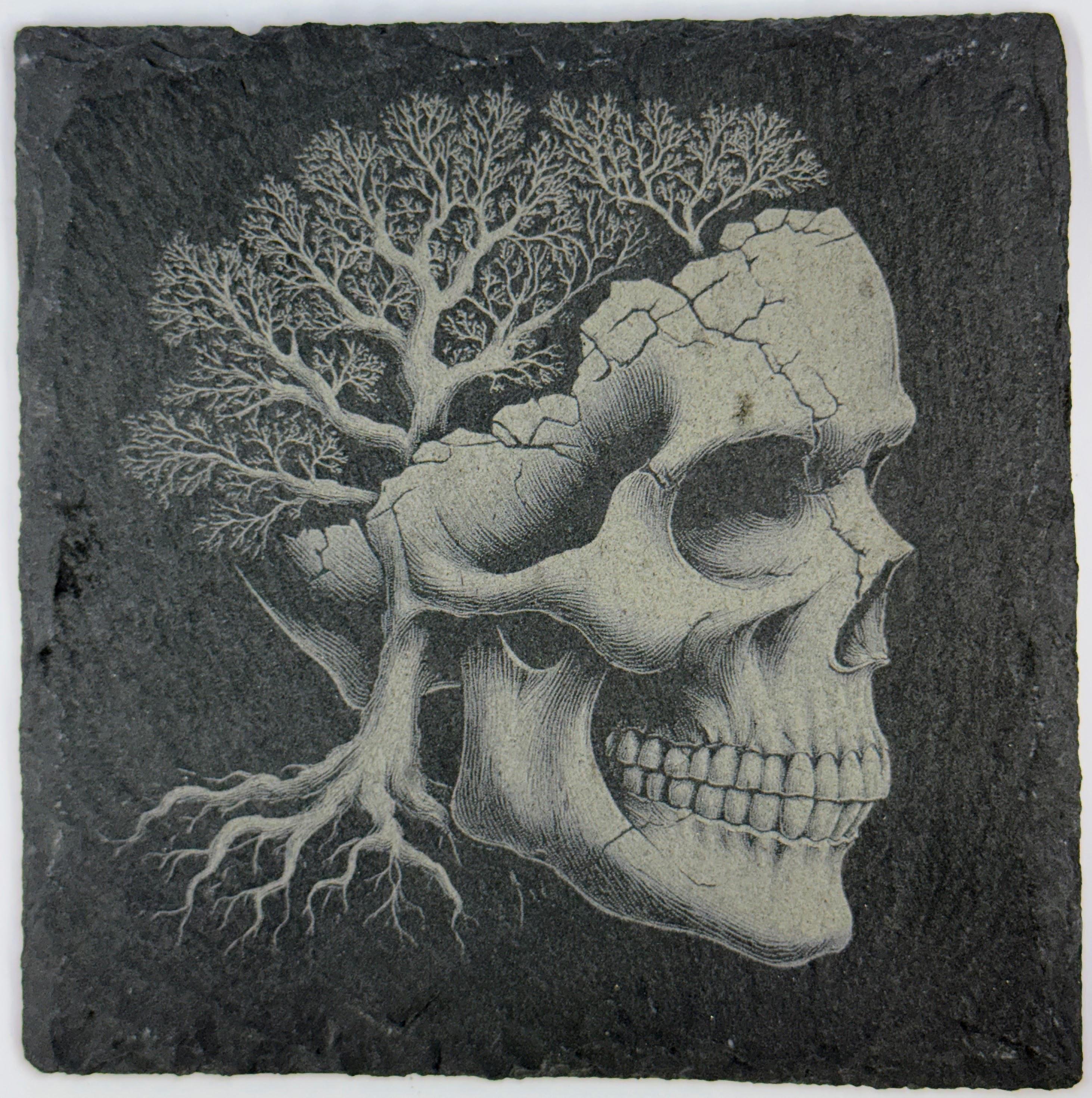 Tree Root Skull Slate Coaster – Gothic Nature Art