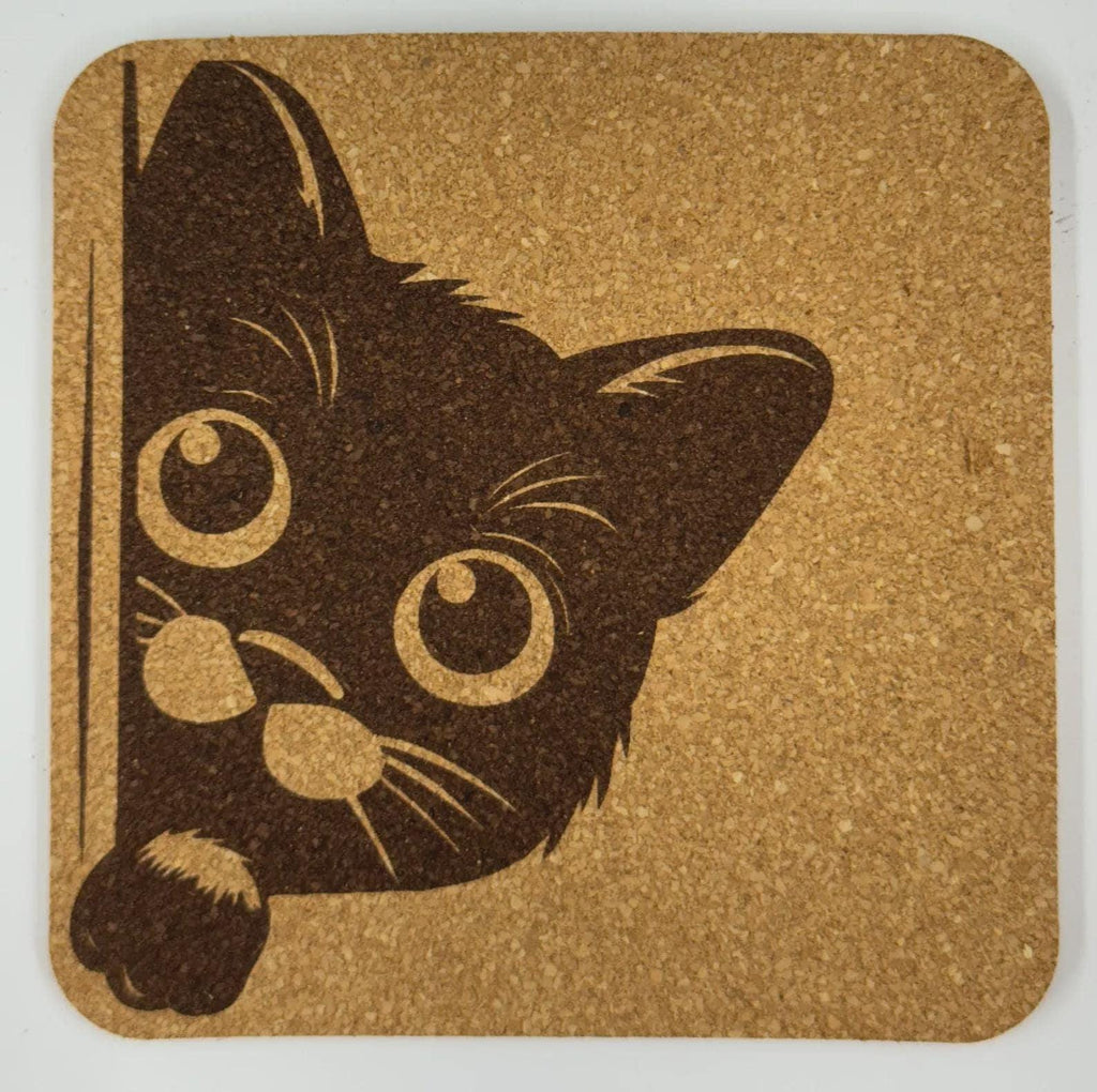 Curious Kitty Cork Coaster – Peeking Black Cat Decor