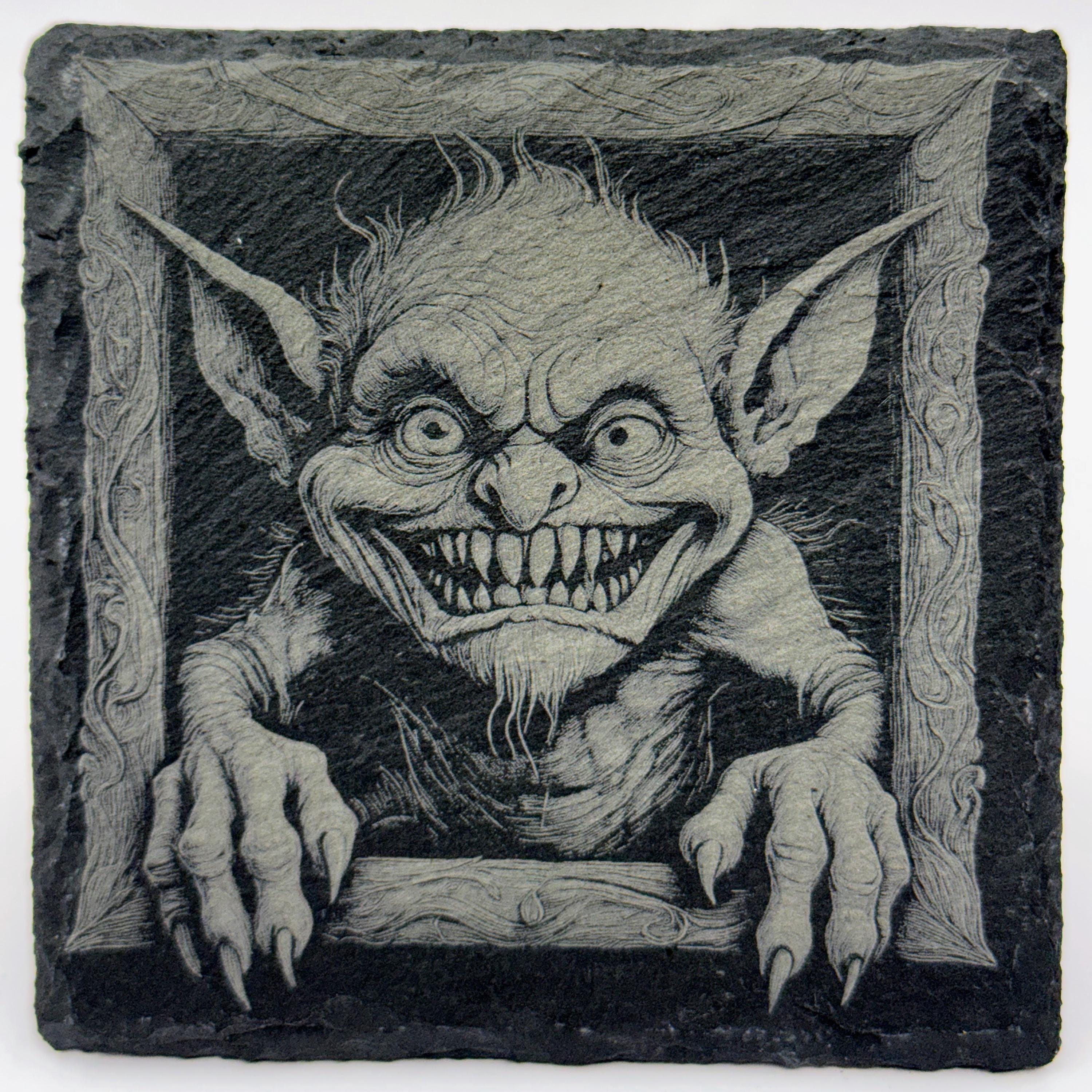 Sinister Gremlin Slate Coaster – Creepy Gothic Monster Art