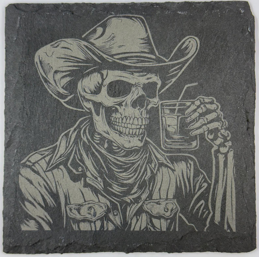 Cowboy Skeleton Toasting Drink – Vintage Skull Slate Coaster