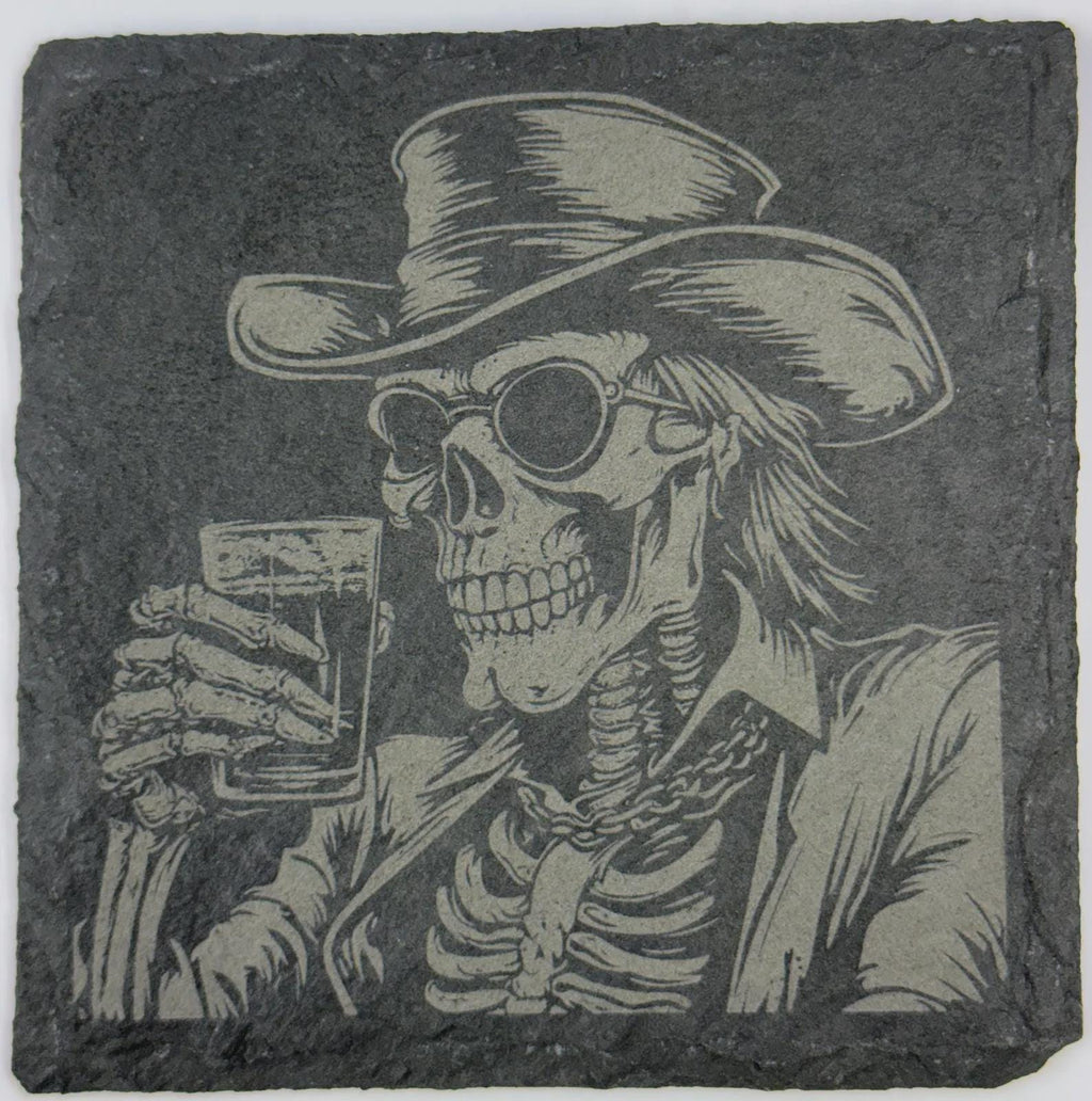 Skeleton Cowboy with Glass – Rustic Western Slate Coaster