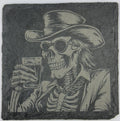 Skeleton Cowboy with Glass – Rustic Western Slate Coaster