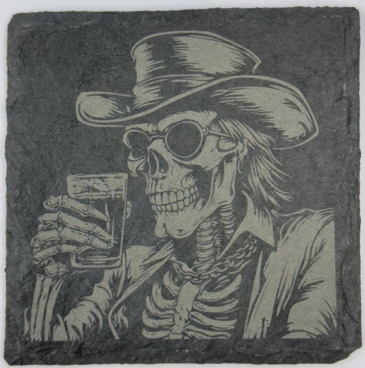 Skeleton Cowboy with Glass – Rustic Western Slate Coaster