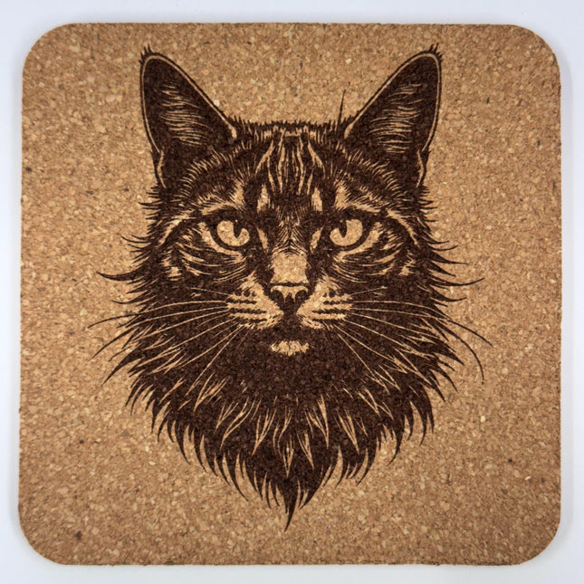 Majestic Cat Face – Vintage Engraved Cork Coaster