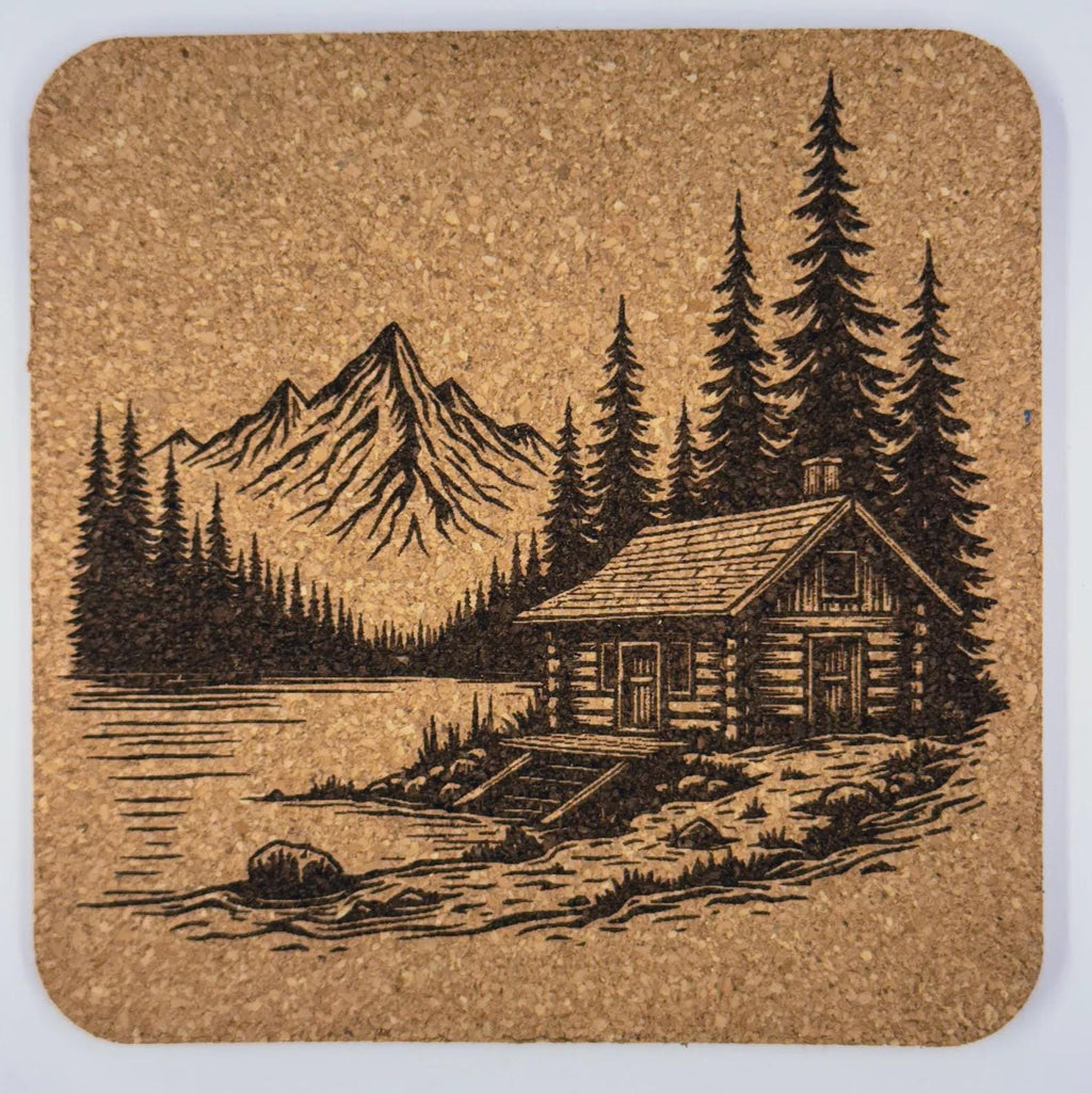 Forest Retreat Coaster – Engraved Cork Drink Coaster with Mountain Cabin Design