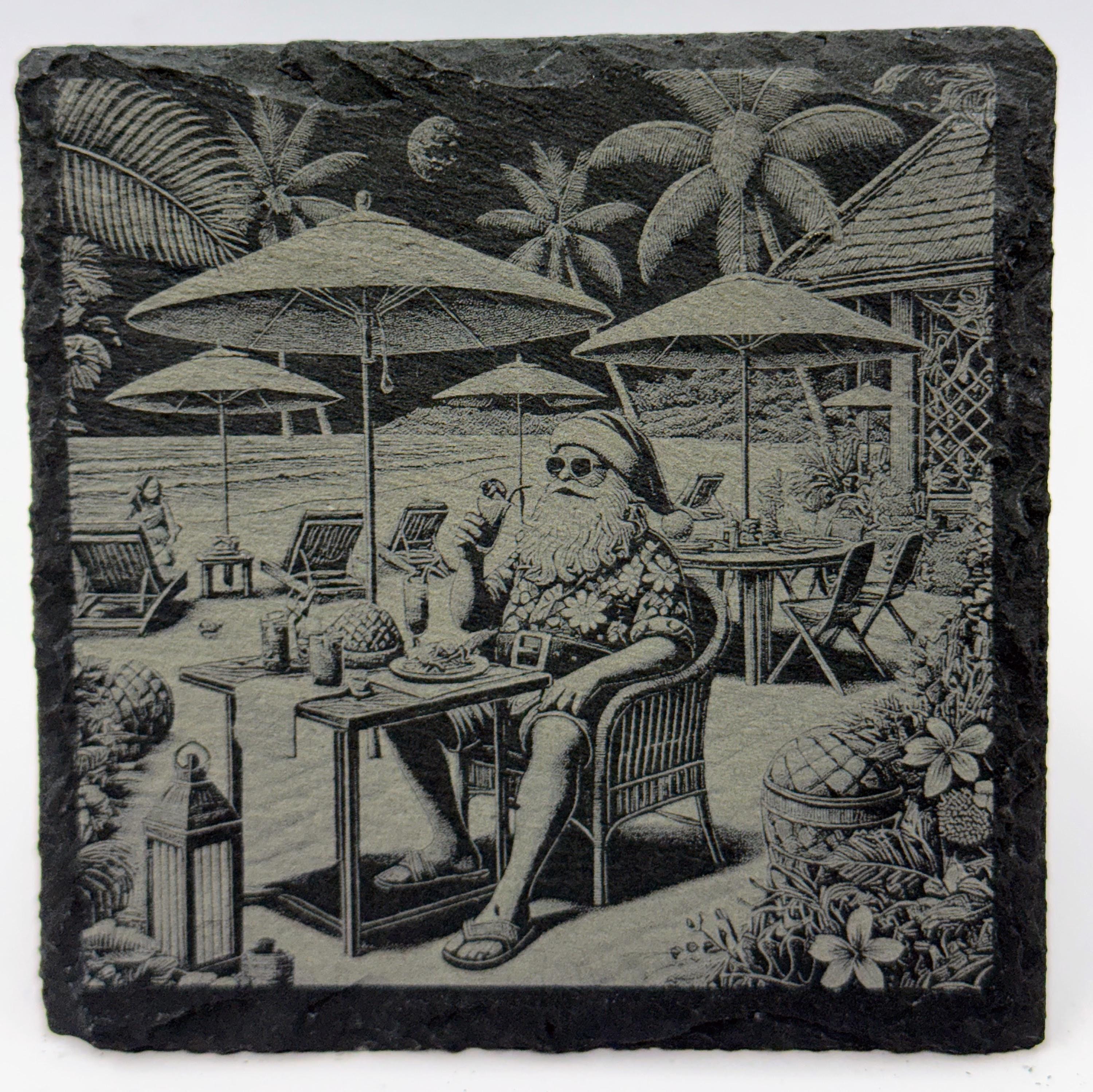 Santa on Tropical Vacation Slate Coaster – Beach Bar Santa Holiday Decor