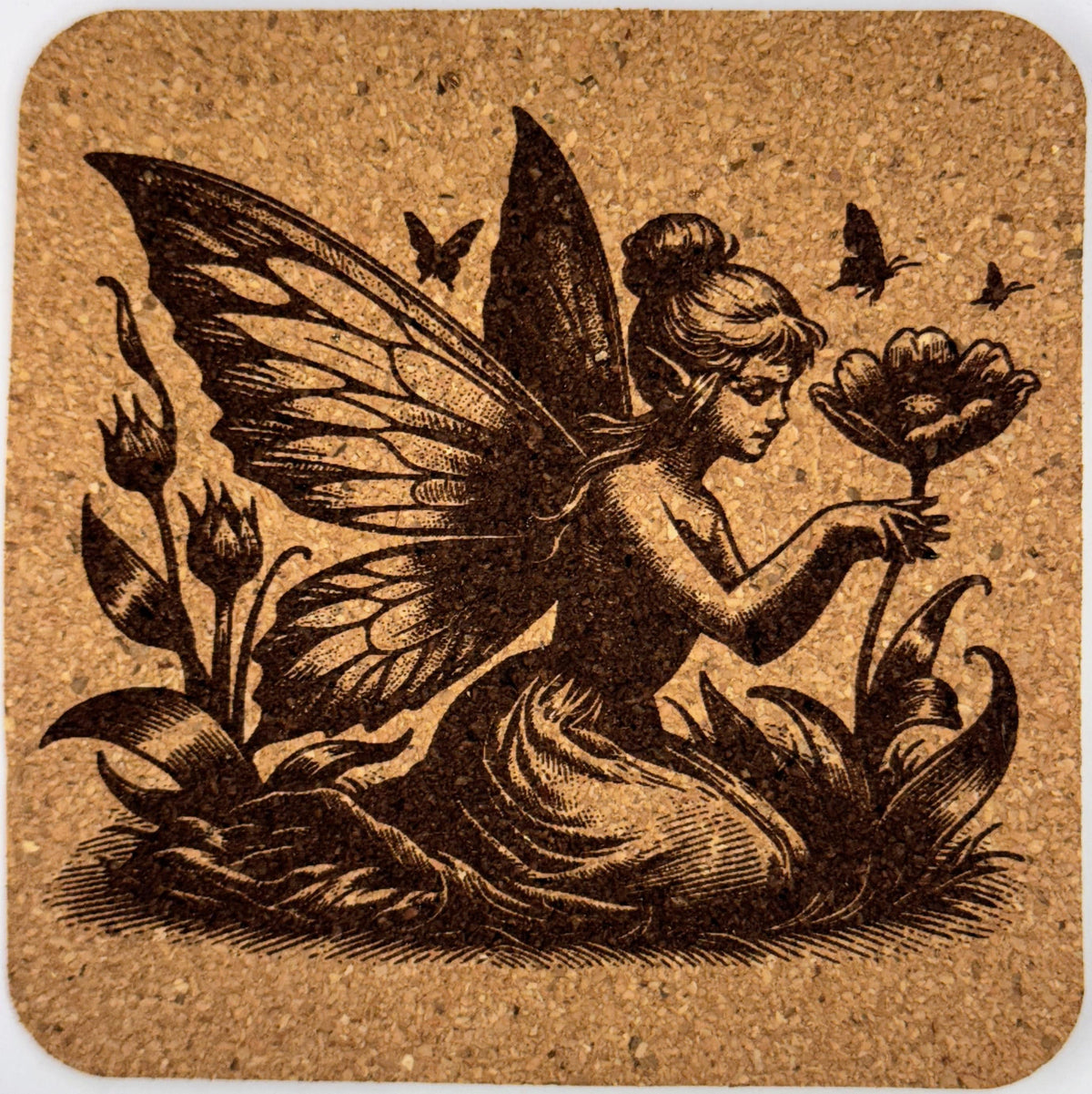 Enchanted Fairy Offering Flower – Whimsical Cork Coaster