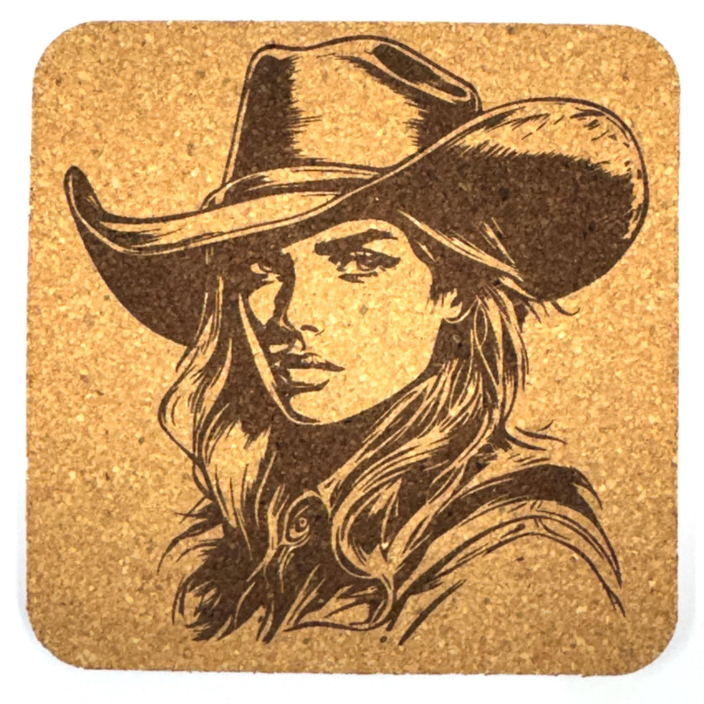 Western Cowgirl Shadow Portrait Cork Coaster – Rustic Country Decor