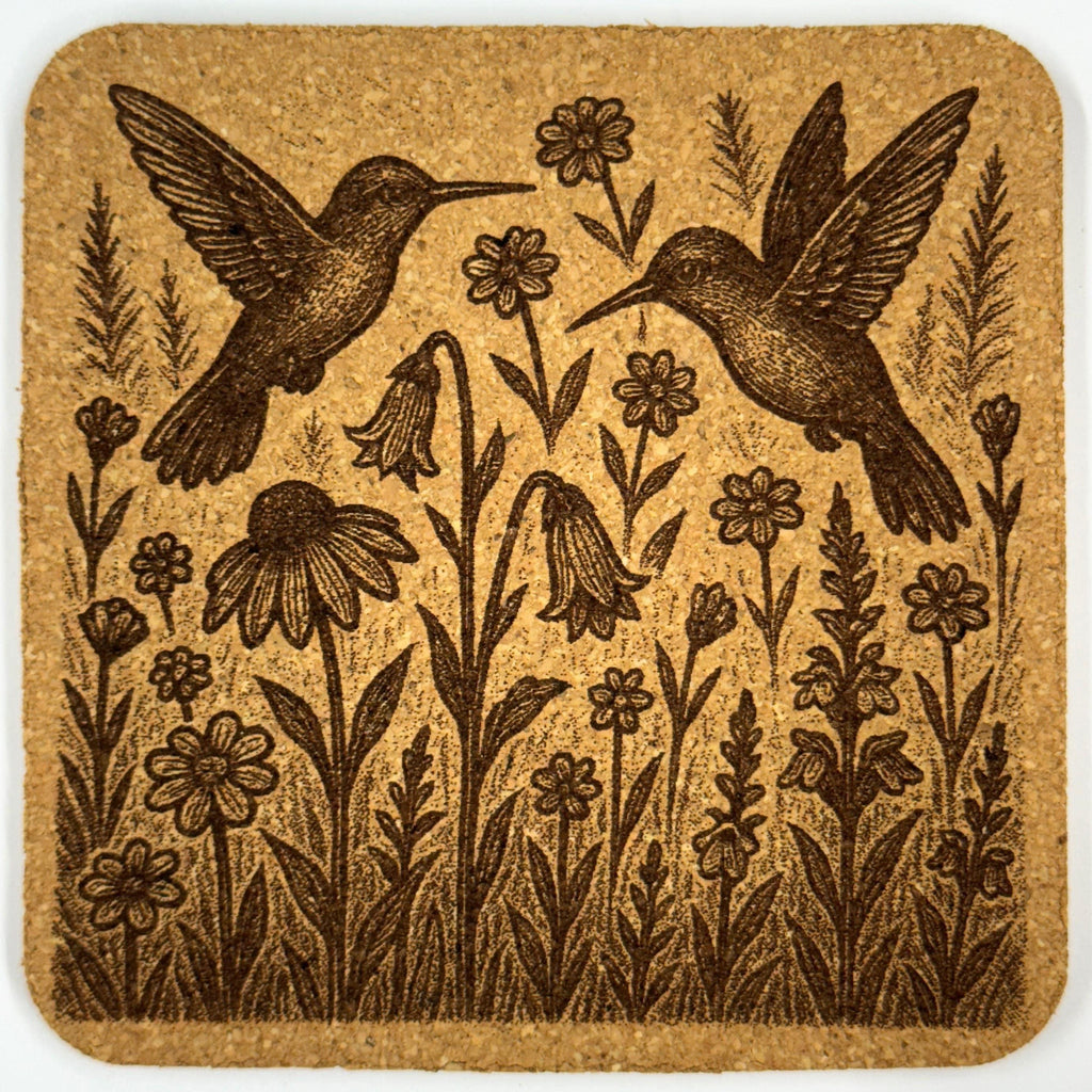 Botanical Hummingbird Line Art Cork Coaster – Rustic Nature Decor