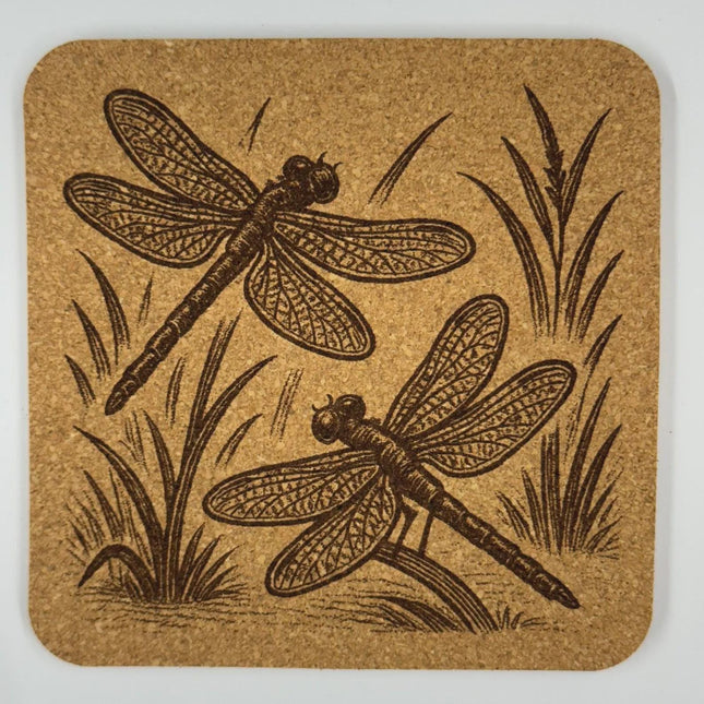 Twin Dragonfly Meadow Cork Coaster – Vintage Nature Art