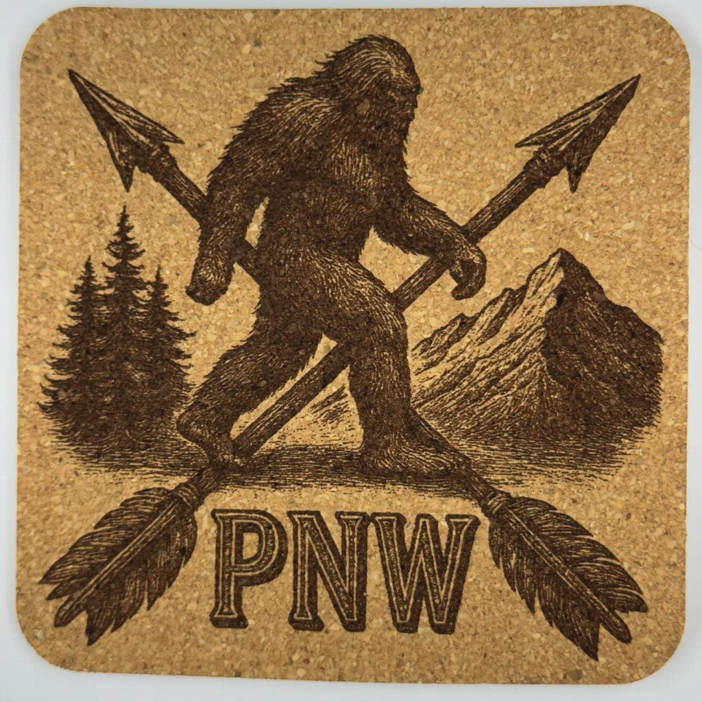 PNW Bigfoot Cork Coaster – Pacific Northwest Sasquatch Arrow Emblem