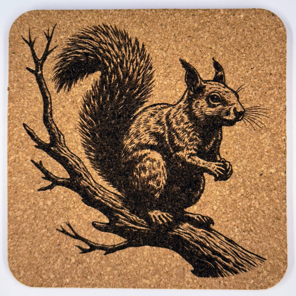 Curious Little Squirrel on a Branch – Cute Engraved Cork Coaster