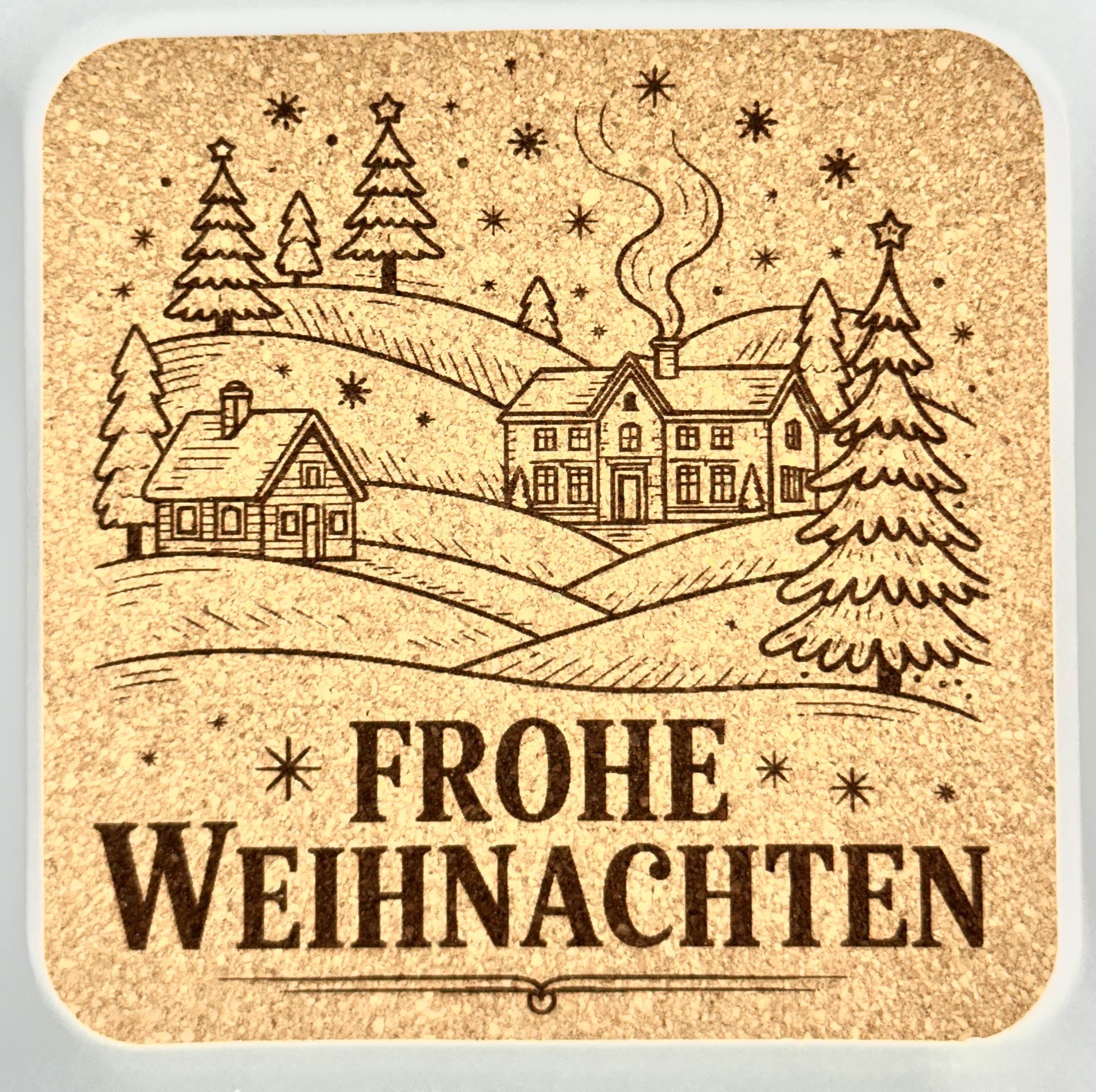 Frohe Weihnachten Cork Coaster – German Christmas Village Scene