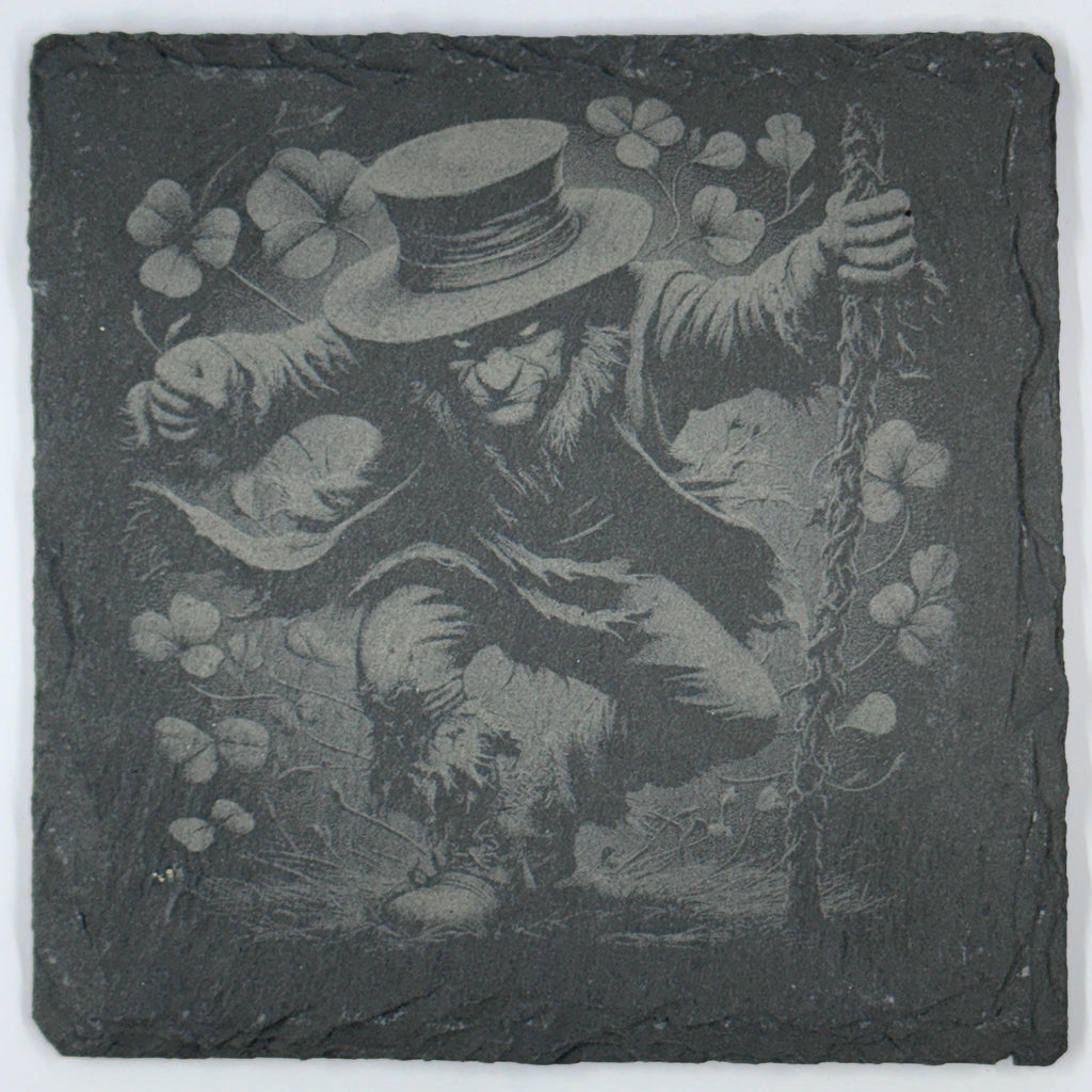 Mischievous Leprechaun Slate Coaster with Clover Vines