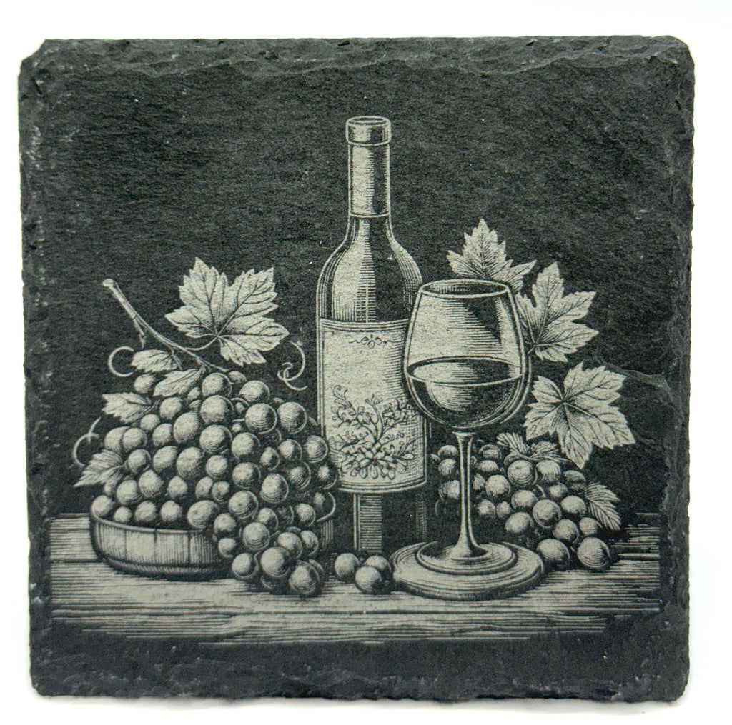 Grapes, Bottle & Glass Slate Coaster – Cozy Table Still Life