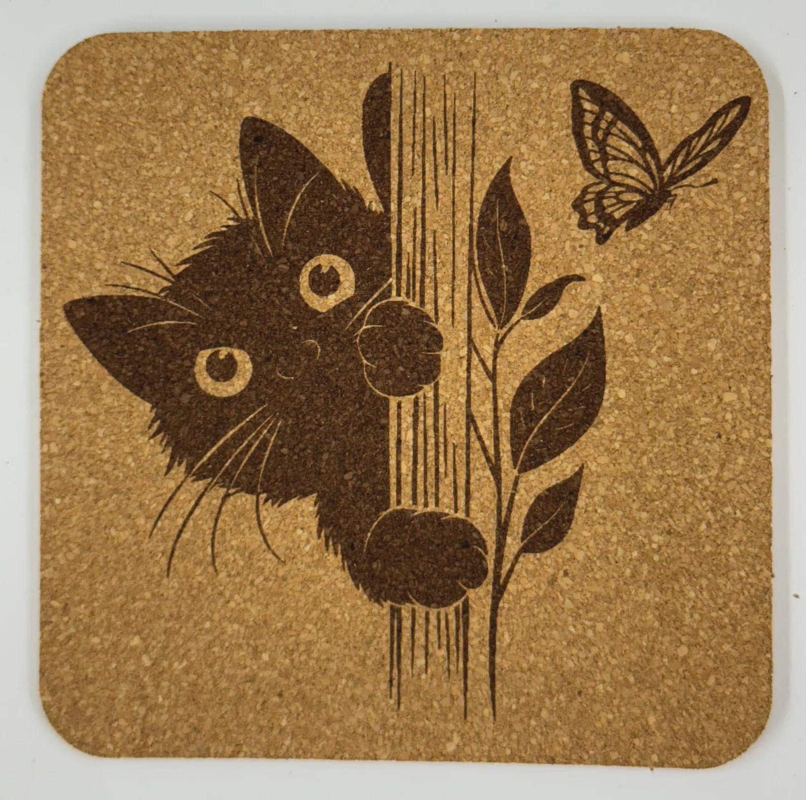 Playful Kitten Cork Coaster – Curious Cat Illustration